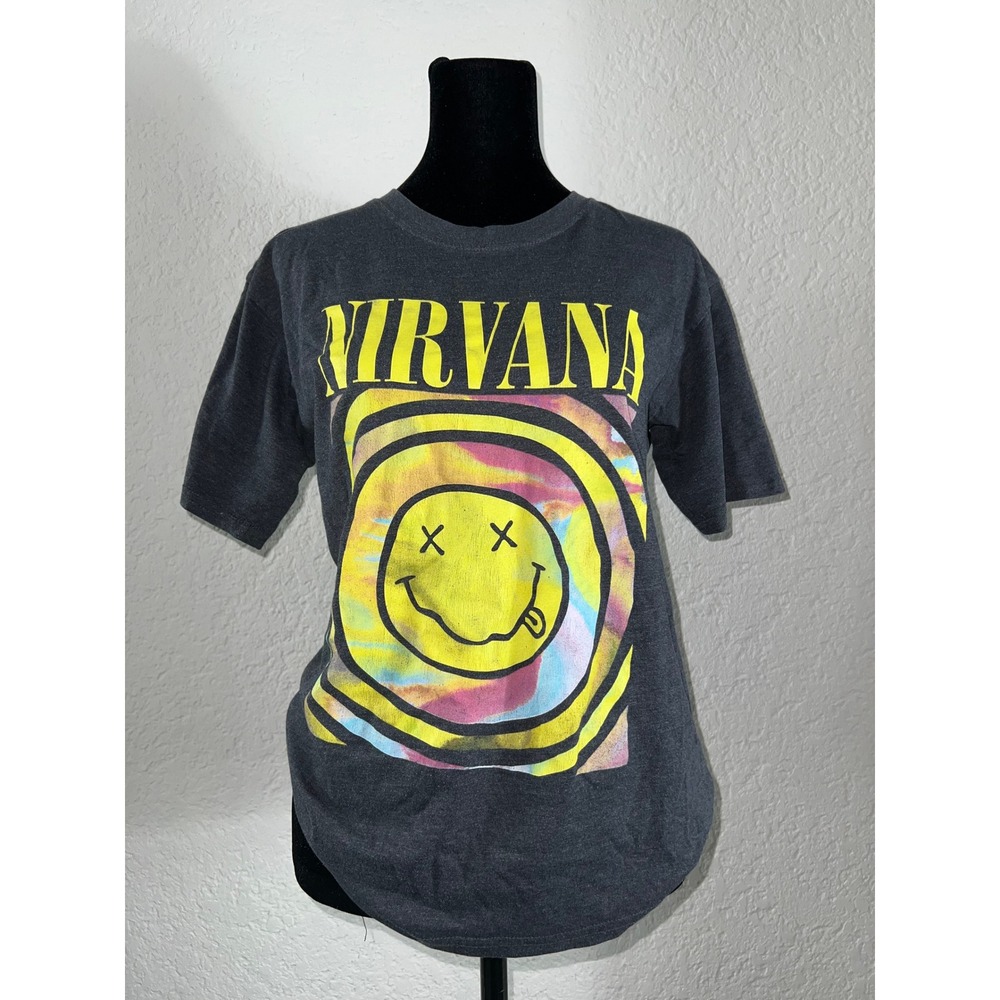 Graphic Band Tee Faded Charcoal Grey Smiley Face Tie Dye T-Shirt 100% Cotton